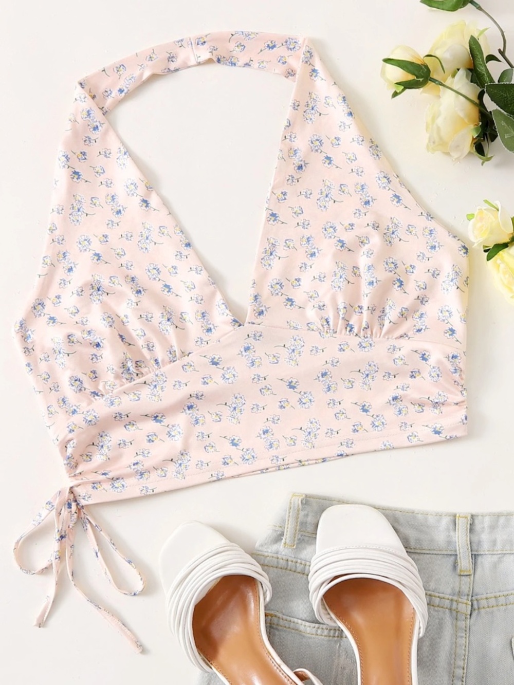 Floral Halter Wrap Crop Top | Cottagecore Tie Side Summer Tank